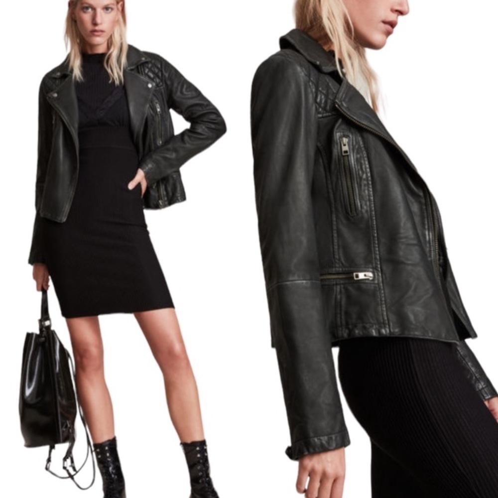 NEW All Saints Cargo Leather Biker Jacket in Black & Grey 6